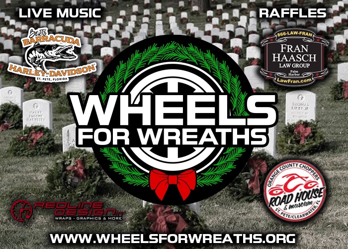 Wheels for Wreaths event poster with logos of sponsors, featuring a cemetery with wreaths on gravestones and text promoting live music, raffles, and the event website.
