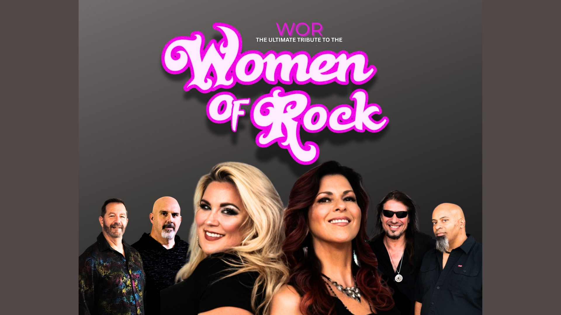 Six band members stand in front of a dark background with the text 