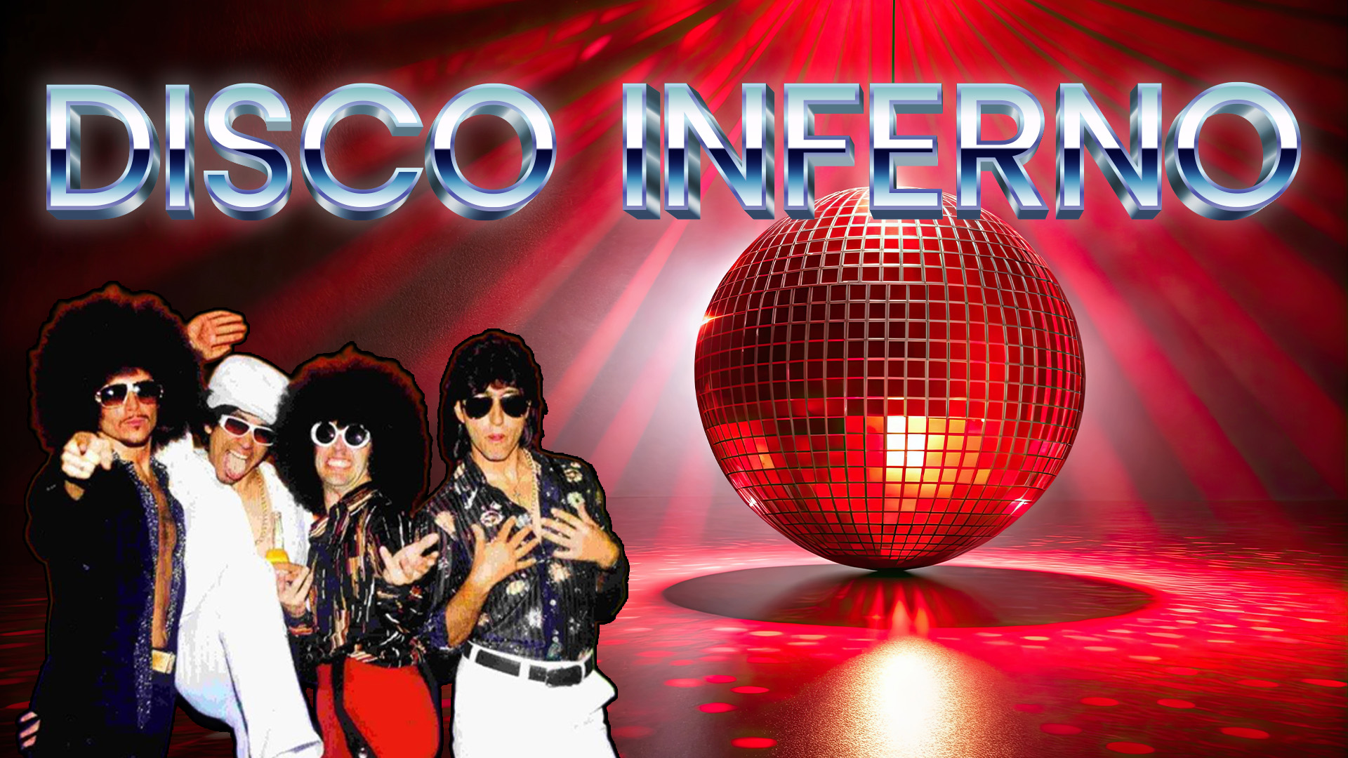 Four people in retro disco attire pose beside a large red disco ball under spotlights, with 