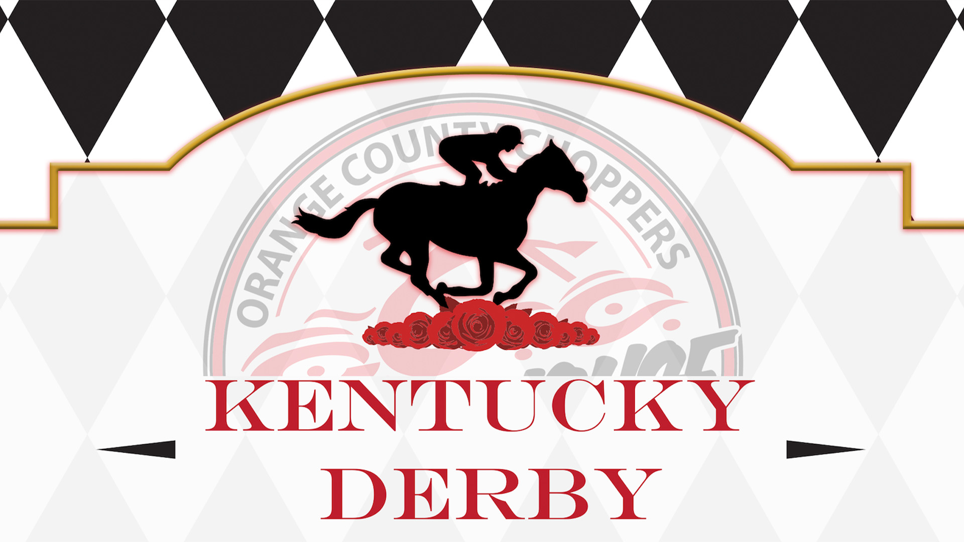 Silhouette of a jockey on a horse above red roses, text reads 