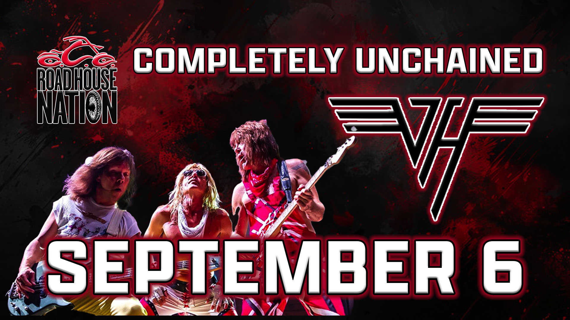 Three musicians perform on stage with the text 