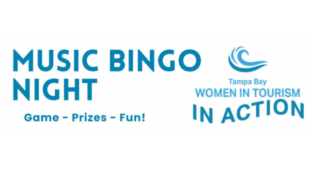 Music Bingo Night event flyer for Tampa Bay Women in Tourism in Action, advertising games, prizes, and fun.