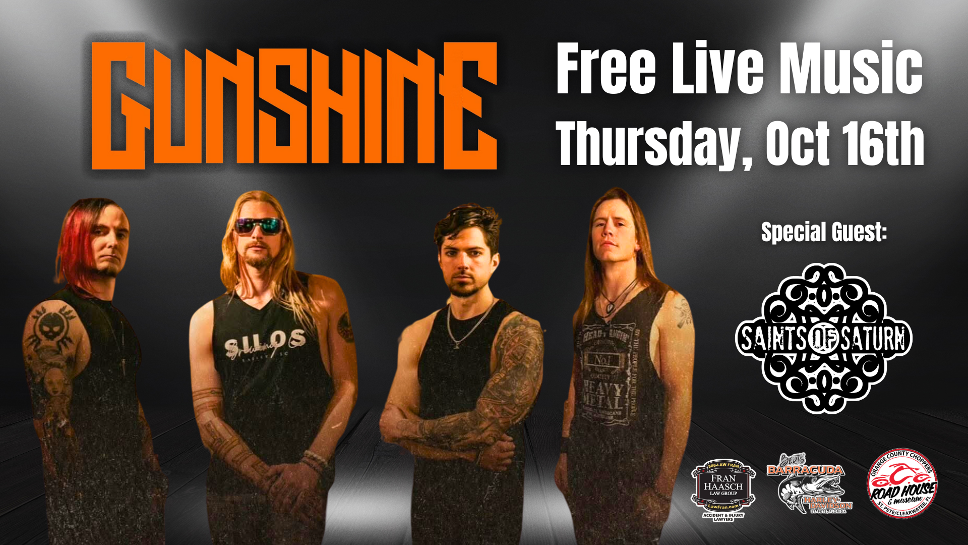 Promotional poster for a free live music event featuring band Gunshine and special guest Saints of Saturn on Thursday, Oct 16th, with sponsor logos at the bottom.