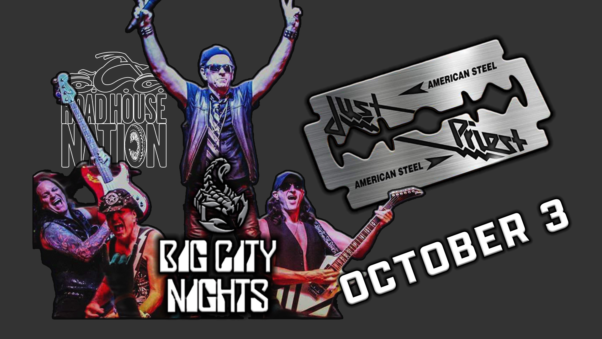 Collage of rock band members performing with logos for Roadhouse Nation, Big City Nights, and Just Priest: American Steel; text reads 