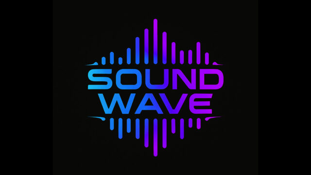 Logo with the words 'SOUND WAVE' in blue and purple, surrounded by stylized soundwave graphics on a black background.