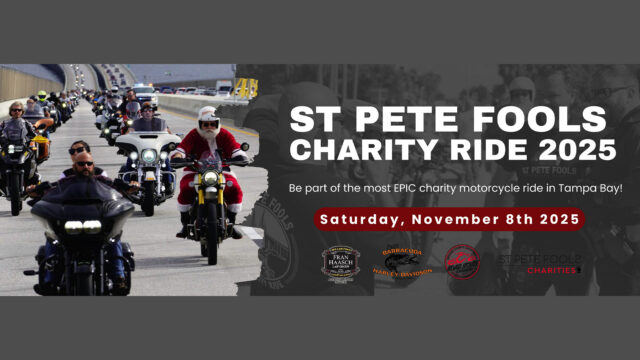 Group of motorcyclists, including one dressed as Santa, ride on a highway; text promotes the St Pete Fools Charity Ride 2025 event on Saturday, November 8th, 2025, in Tampa Bay.