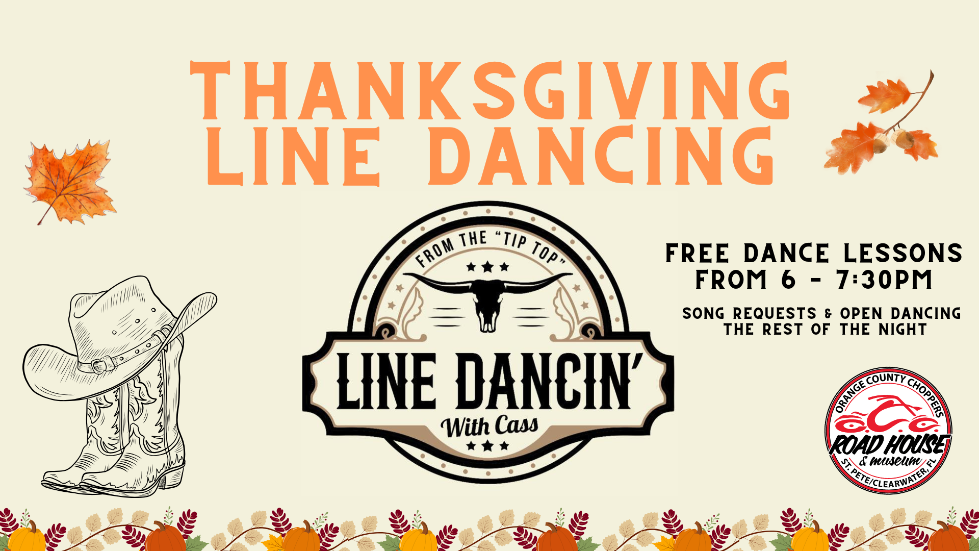 Thanksgiving-themed flyer for line dancing event with free lessons, song requests, and open dancing at Offbeat Roadhouse, November 25, 6-7:30 PM. Autumn leaves and cowboy boots illustrated.
