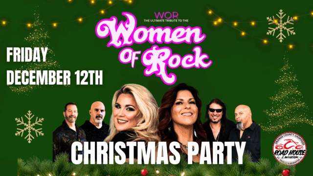 Event poster for “Women of Rock Christmas Party” on Friday, December 12th, featuring band members against a green, festive, holiday-themed background with lights and decorations.