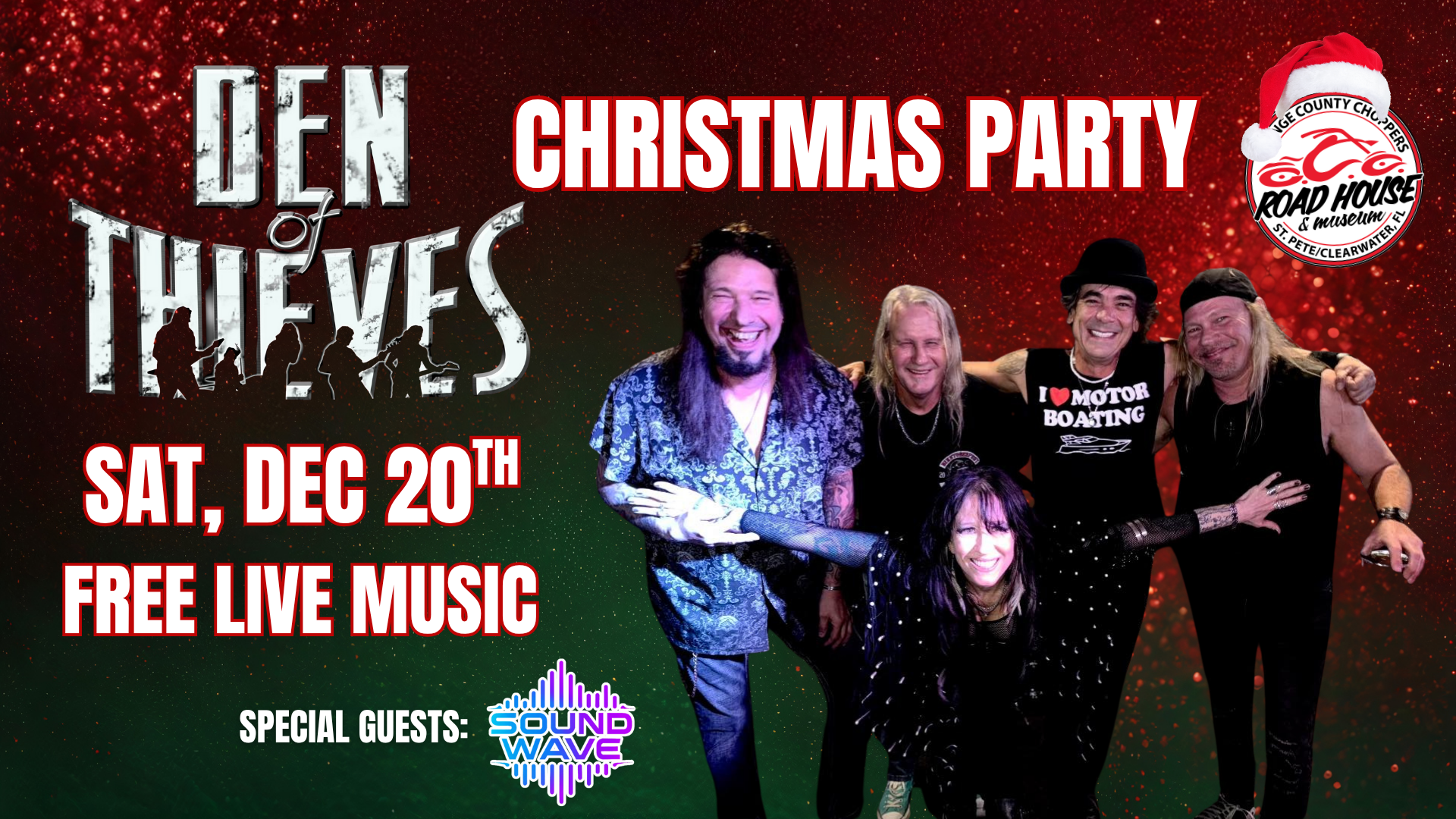 Promotional poster for a Den of Thieves Christmas Party on Saturday, December 20th with free live music and special guests Sound Wave, featuring an image of the band members.