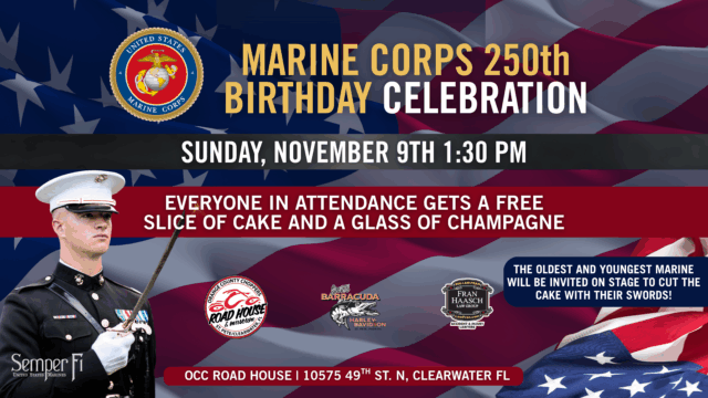 Marine Corps 250th Birthday Celebration event flyer with details on date, time, location, free cake, champagne, and special ceremony for oldest and youngest Marine attendees.