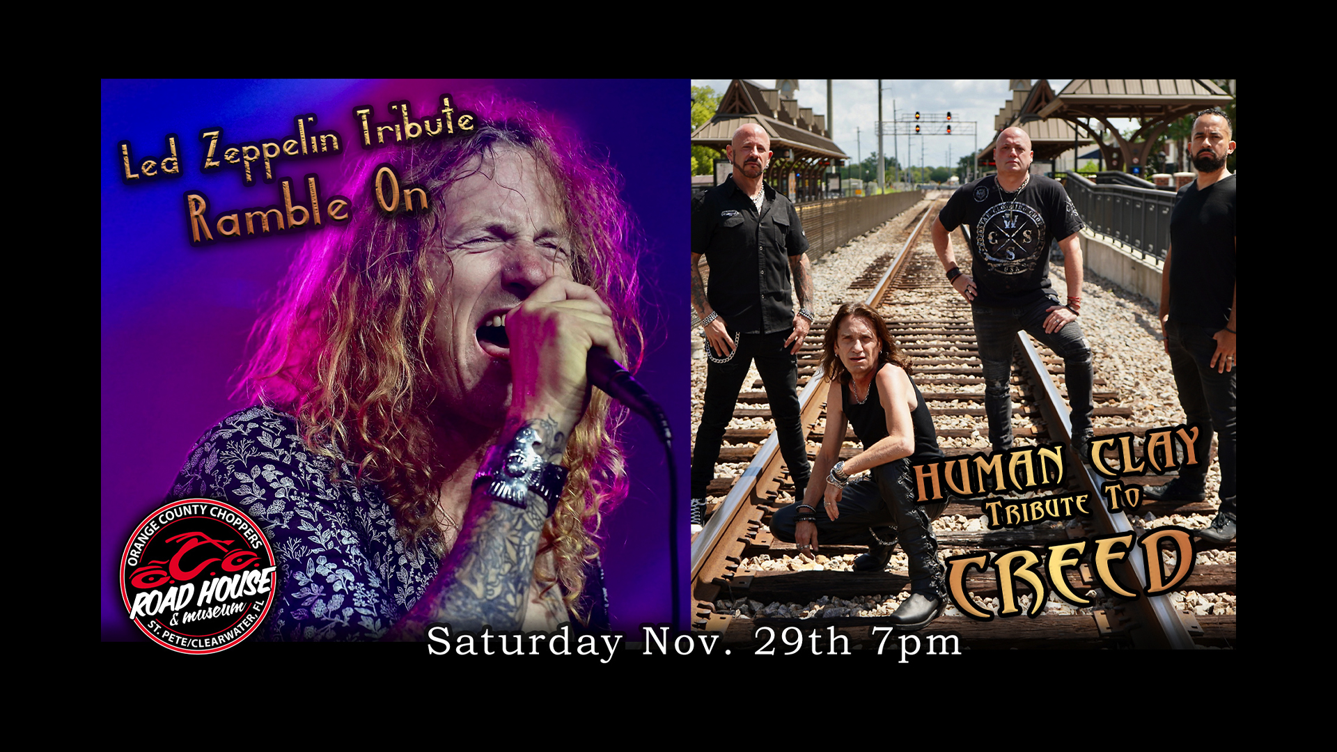 Split image: Left side shows a Led Zeppelin tribute singer performing; right side shows four men from Creed tribute band posing on train tracks. Text announces a show on Saturday, Nov. 29th, 7pm.