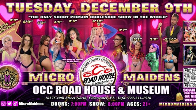 Promotional poster for Micro Maidens burlesque show on December 9th at OCC Road House & Museum, featuring performers with their heights listed, show times, and ticket info.