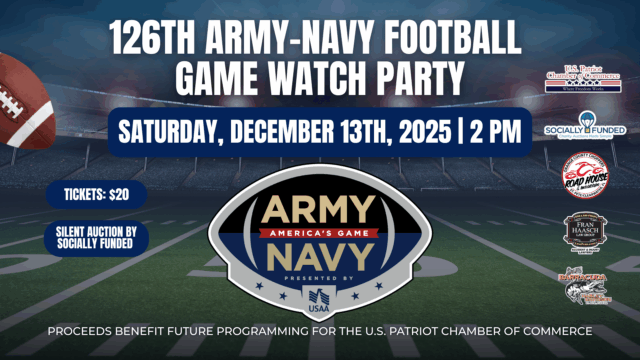 Promotional flyer for the 126th Army-Navy Football Game Watch Party on December 13, 2025, at 2 PM; includes ticket info and sponsor logos.