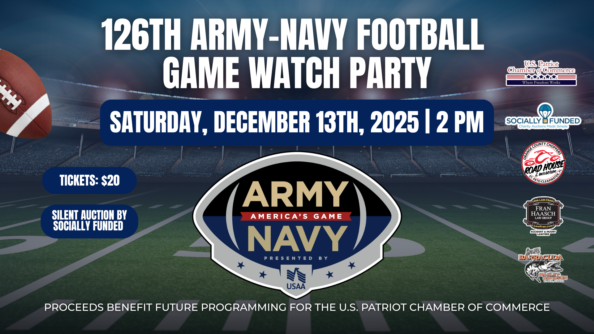 Promotional flyer for the 126th Army-Navy Football Game Watch Party on December 13, 2025, at 2 PM; includes ticket info and sponsor logos.