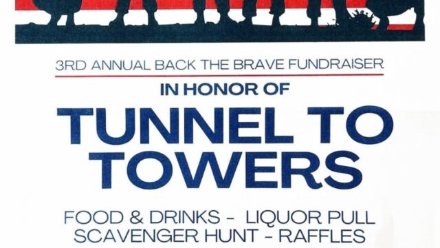 Event flyer for the 3rd Annual Back the Brave Fundraiser honoring Tunnel to Towers, with event details, times, location, and images of first responders and the American flag.