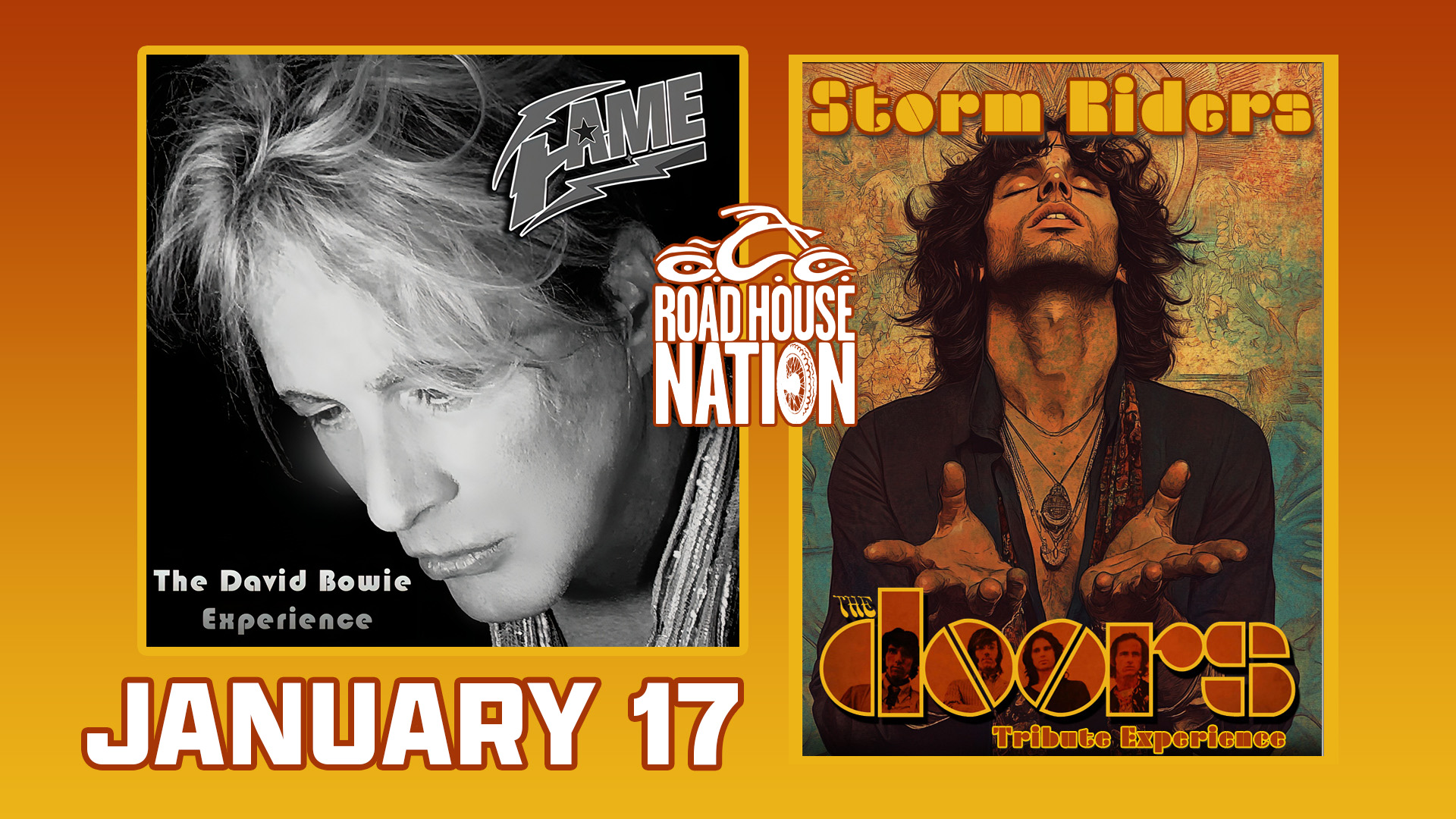 Promotional image for tribute concerts on January 17, featuring The David Bowie Experience and The Doors Tribute Experience at Roadhouse Nation.