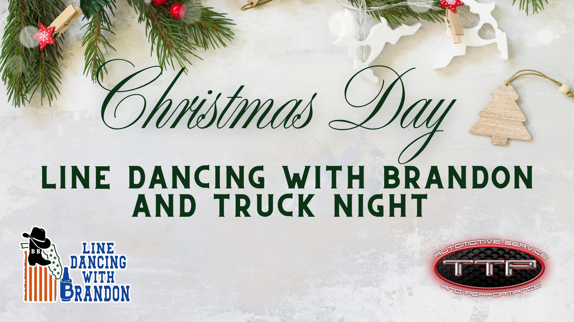 Christmas Day event poster featuring pine branches, ornaments, and text: 