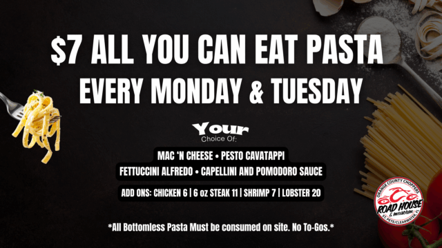 Advertisement for $7 all-you-can-eat pasta every Monday and Tuesday, listing pasta and add-on options, with a note that pasta must be consumed on site.