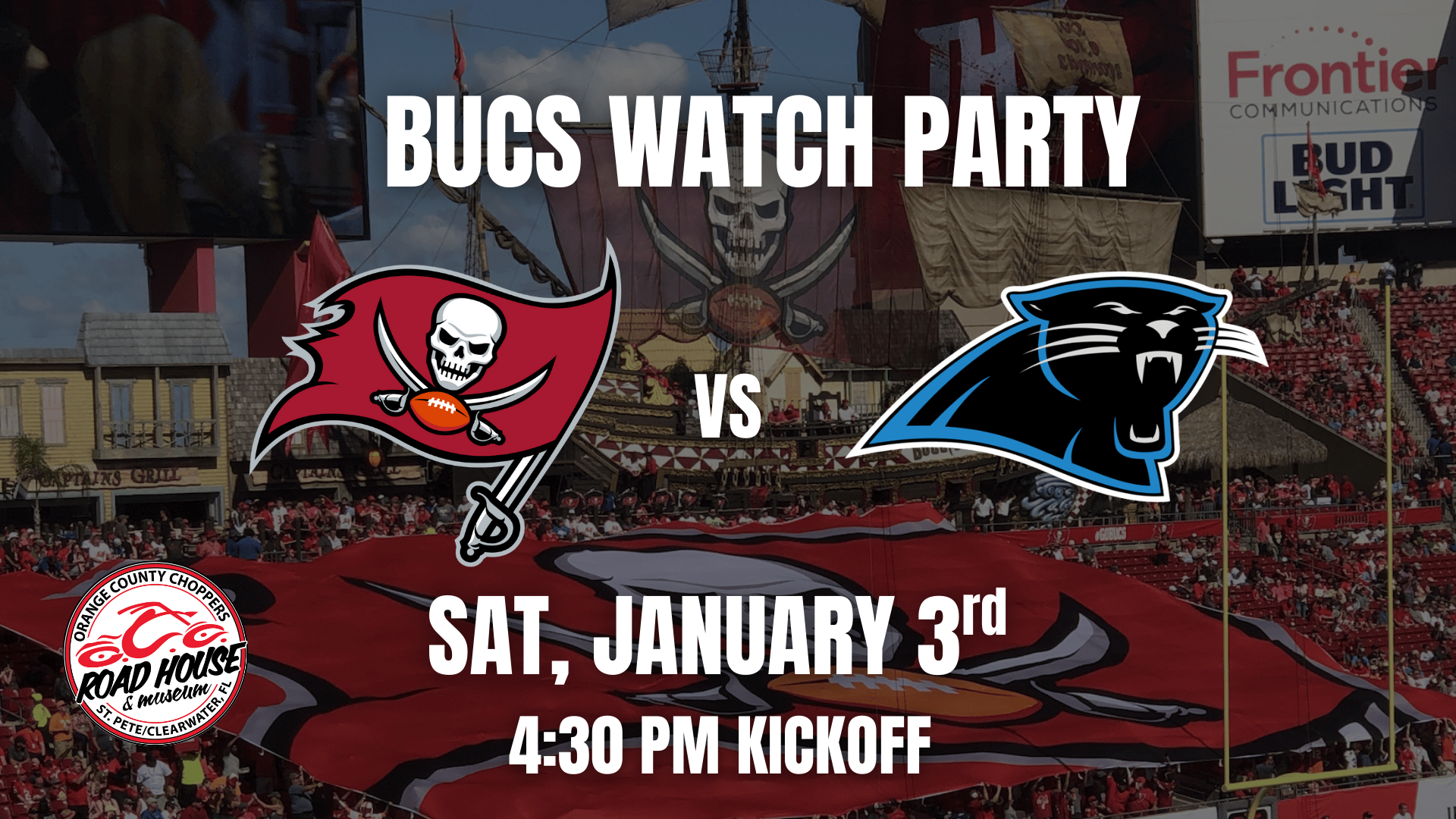 Graphic promoting a Bucs watch party for the Buccaneers vs. Panthers game on Saturday, January 3rd at 4:30 PM, with team logos and sponsor logo on a stadium background.