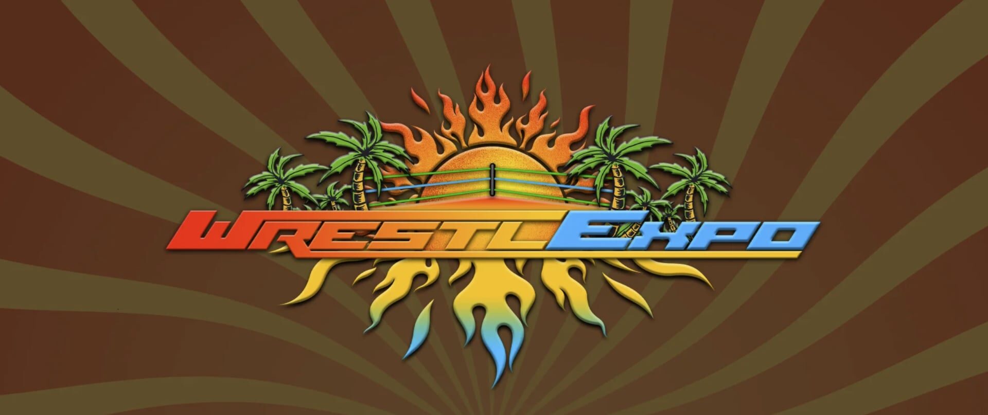 A stylized Wrestle Expo logo with palm trees, a wrestling ring, and a sunburst background in orange, yellow, and blue tones.