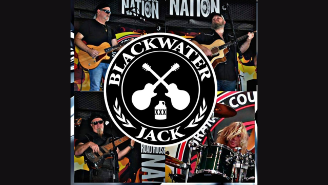 Four musicians perform on stage with guitars, bass, and drums. The center features the Blackwater Jack logo with two crossed guitars and a bottle. The background displays the word 