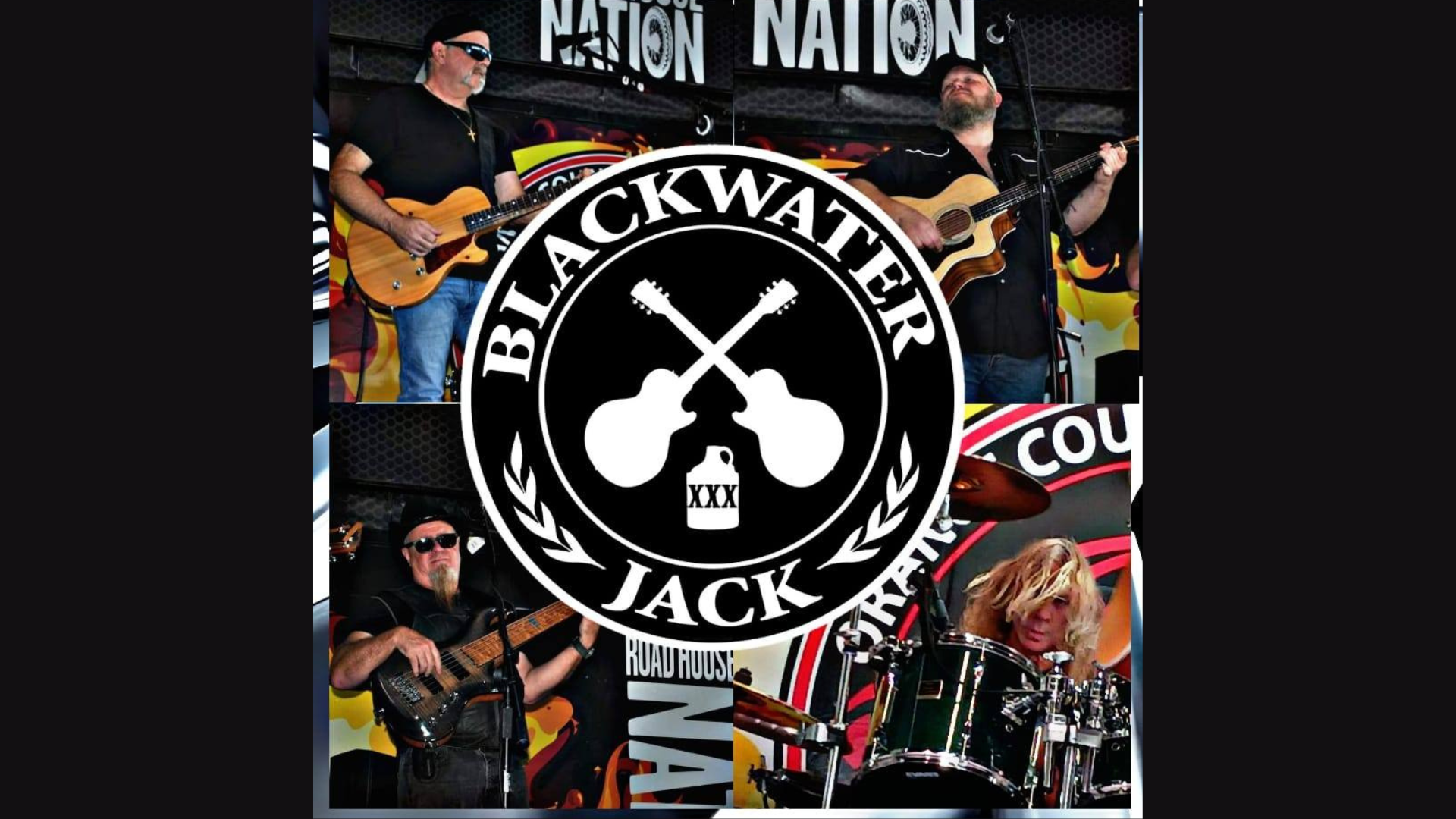 Four musicians perform on stage with guitars, bass, and drums. The center features the Blackwater Jack logo with two crossed guitars and a bottle. The background displays the word 