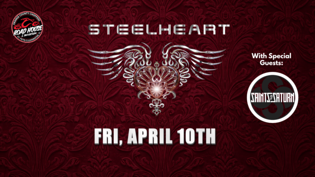 Promotional poster for a Steelheart concert with special guests Saints of Saturn on Friday, April 10th at Beaumont Road House, featuring band logos on a red patterned background.