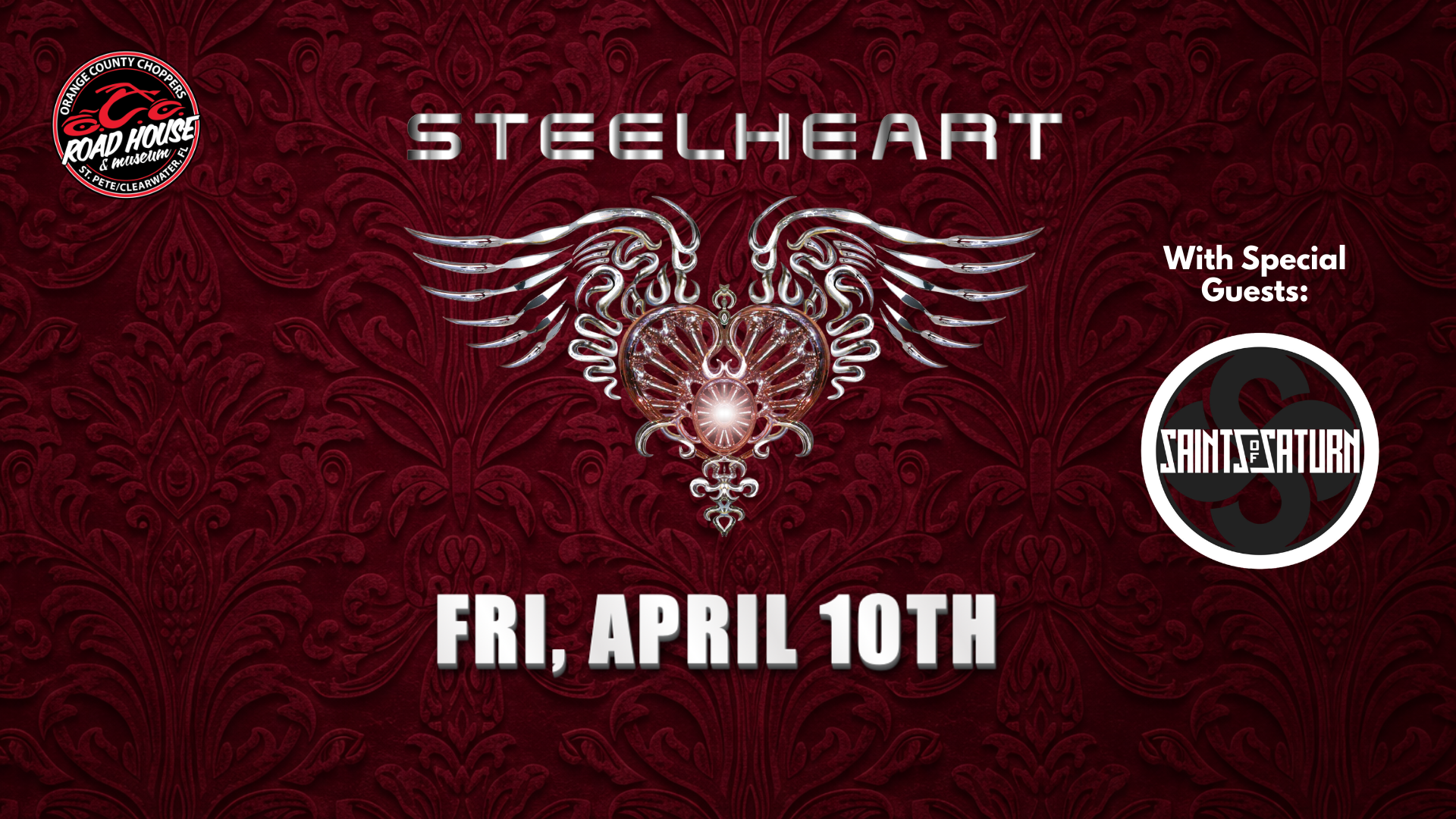 Promotional poster for a Steelheart concert with special guests Saints of Saturn on Friday, April 10th at Beaumont Road House, featuring band logos on a red patterned background.
