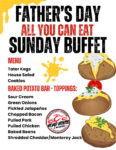 Father’s Day all-you-can-eat Sunday buffet menu with baked potato toppings, Tater Kegs, house salad, cookies, and Roadhouse restaurant logo.