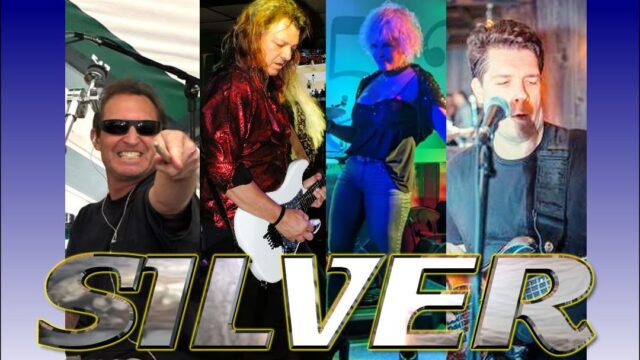 Four musicians perform on stage, each in a separate panel, with the word 