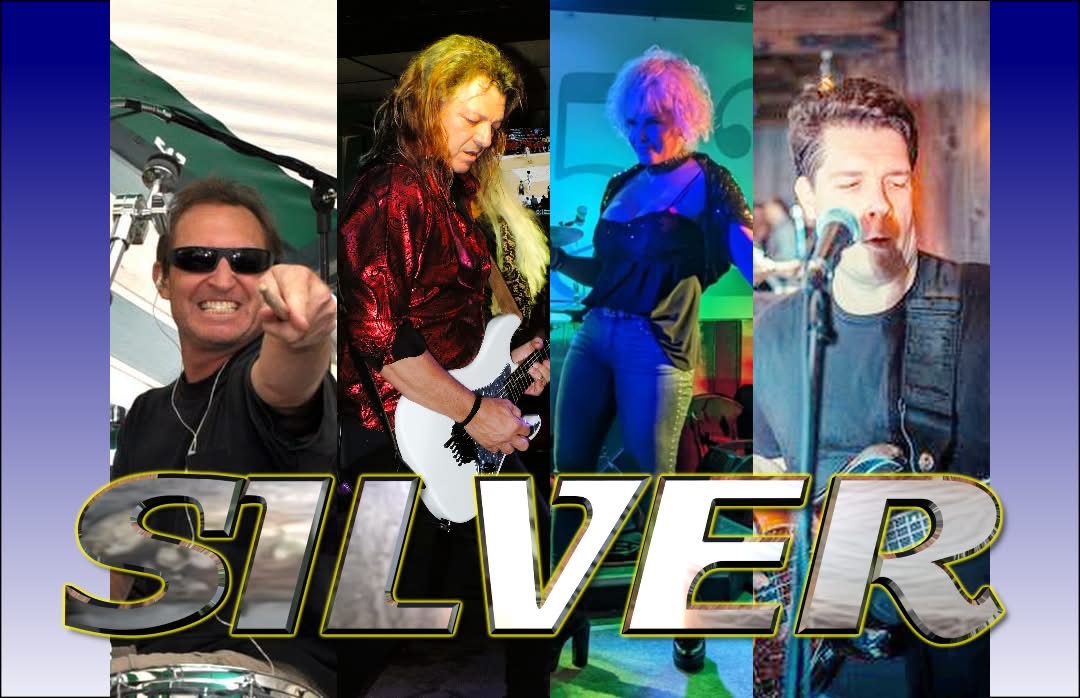 Four musicians perform on stage, each in a separate panel, with the word 