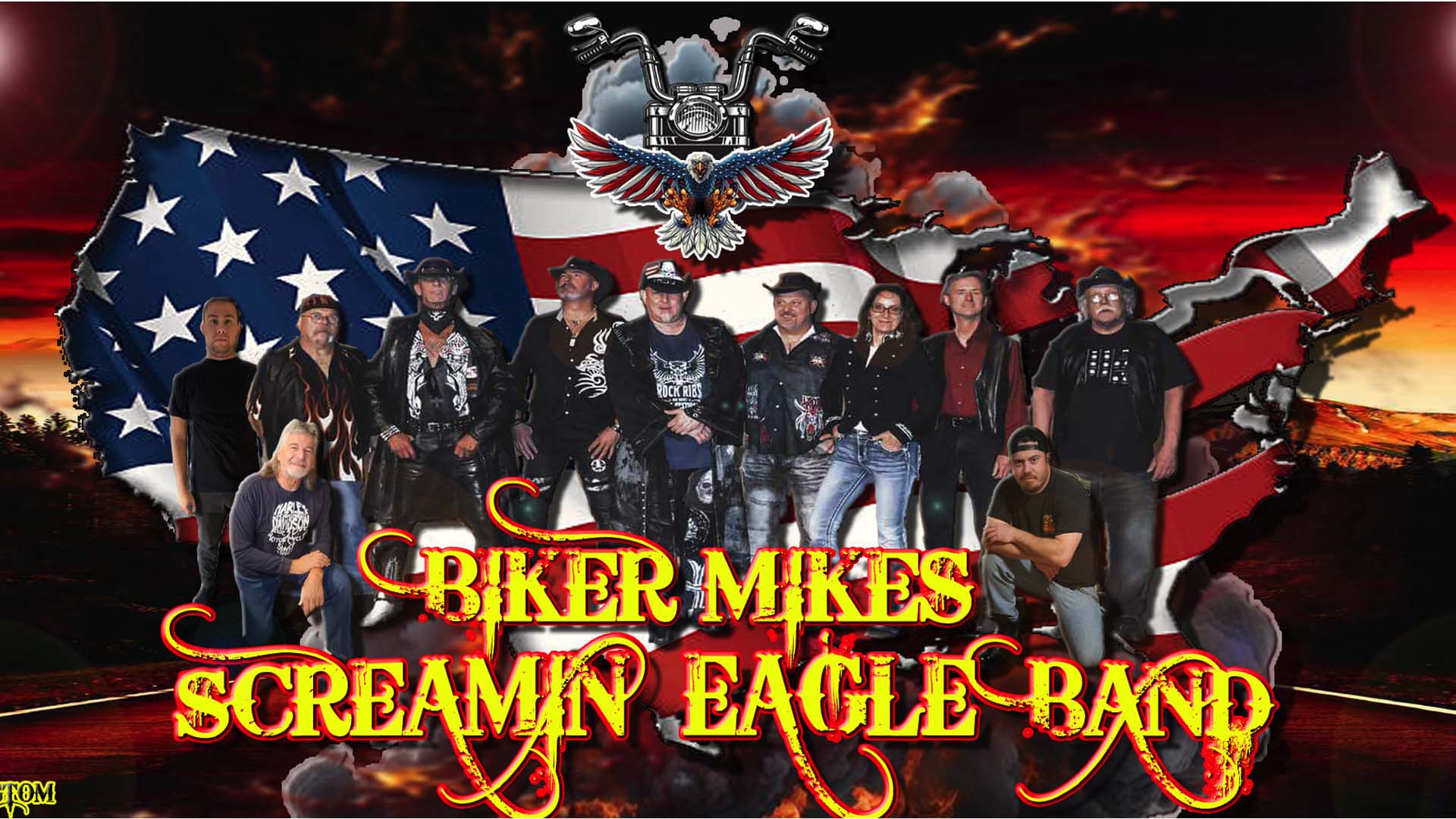 A group photo of Biker Mikes Screamin' Eagle Band posing in front of a U.S. flag map, with the band name in bold stylized letters at the bottom.