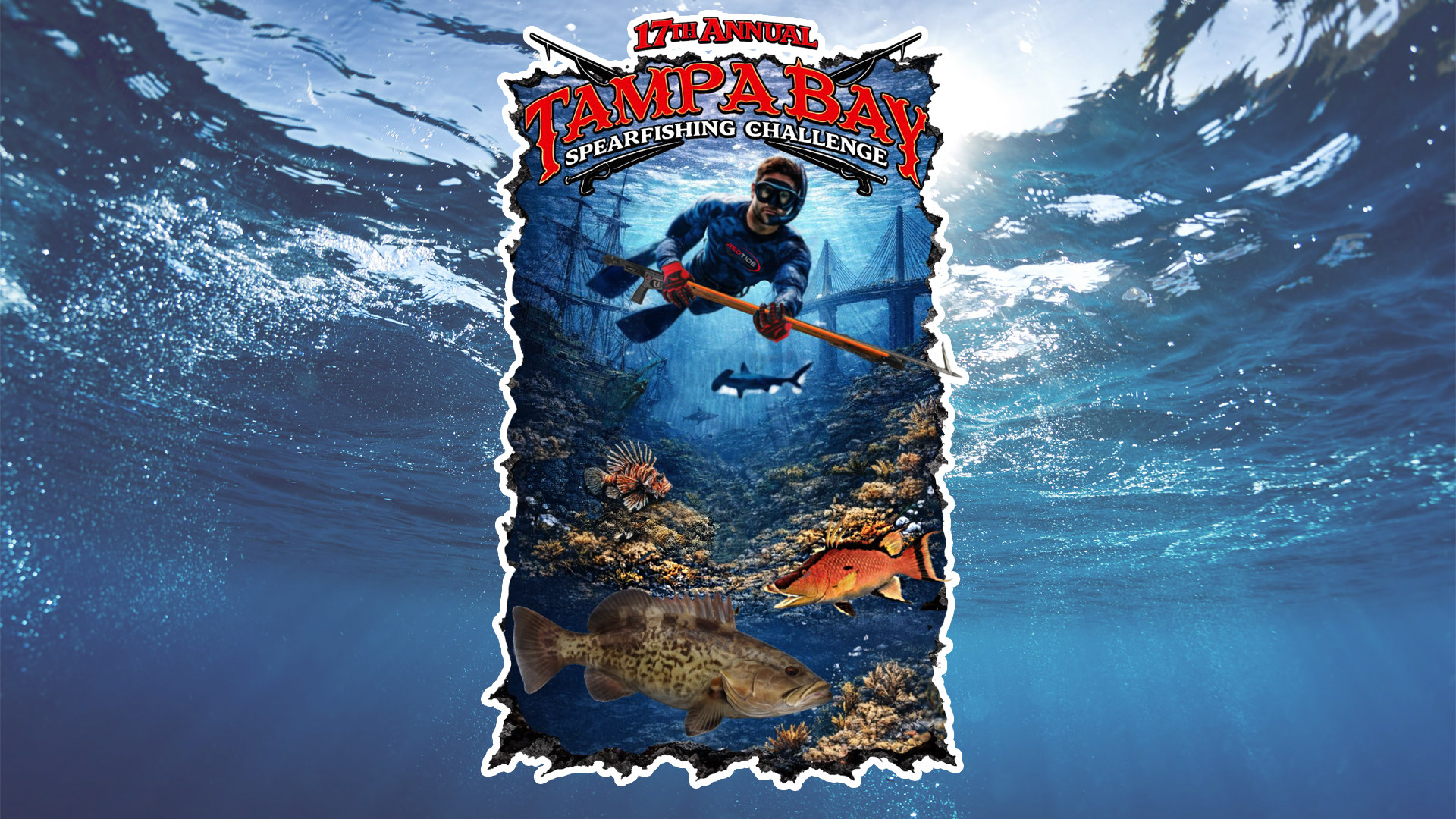 A promotional poster for the 17th Annual Tampa Bay Spearfishing Challenge shows a diver underwater with fish and coral, with sunlight filtering through the water above.