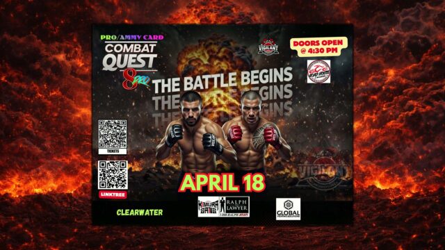 Two male fighters pose in boxing gloves on a Combat Quest 8 MMA event poster with event details, sponsor logos, and a fiery background. Event date: April 18. Doors open at 4:30 PM.
