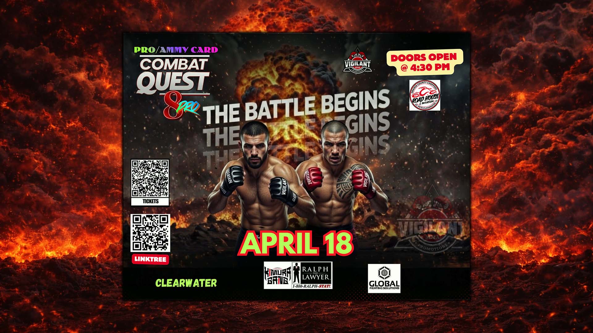 Two male fighters pose in boxing gloves on a Combat Quest 8 MMA event poster with event details, sponsor logos, and a fiery background. Event date: April 18. Doors open at 4:30 PM.