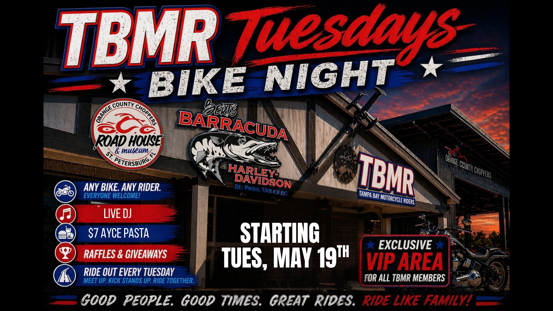 Promotional poster for TBMR Tuesdays Bike Night at Bert's Barracuda Harley-Davidson, featuring event details, sponsor logos, and motorcycle graphics.