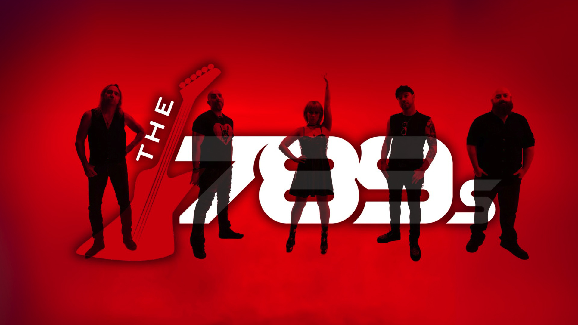 Five people stand in front of a red background with the text 