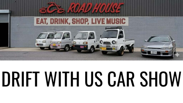 Five cars, including mini trucks and a silver sports car, are parked in front of a building labeled 