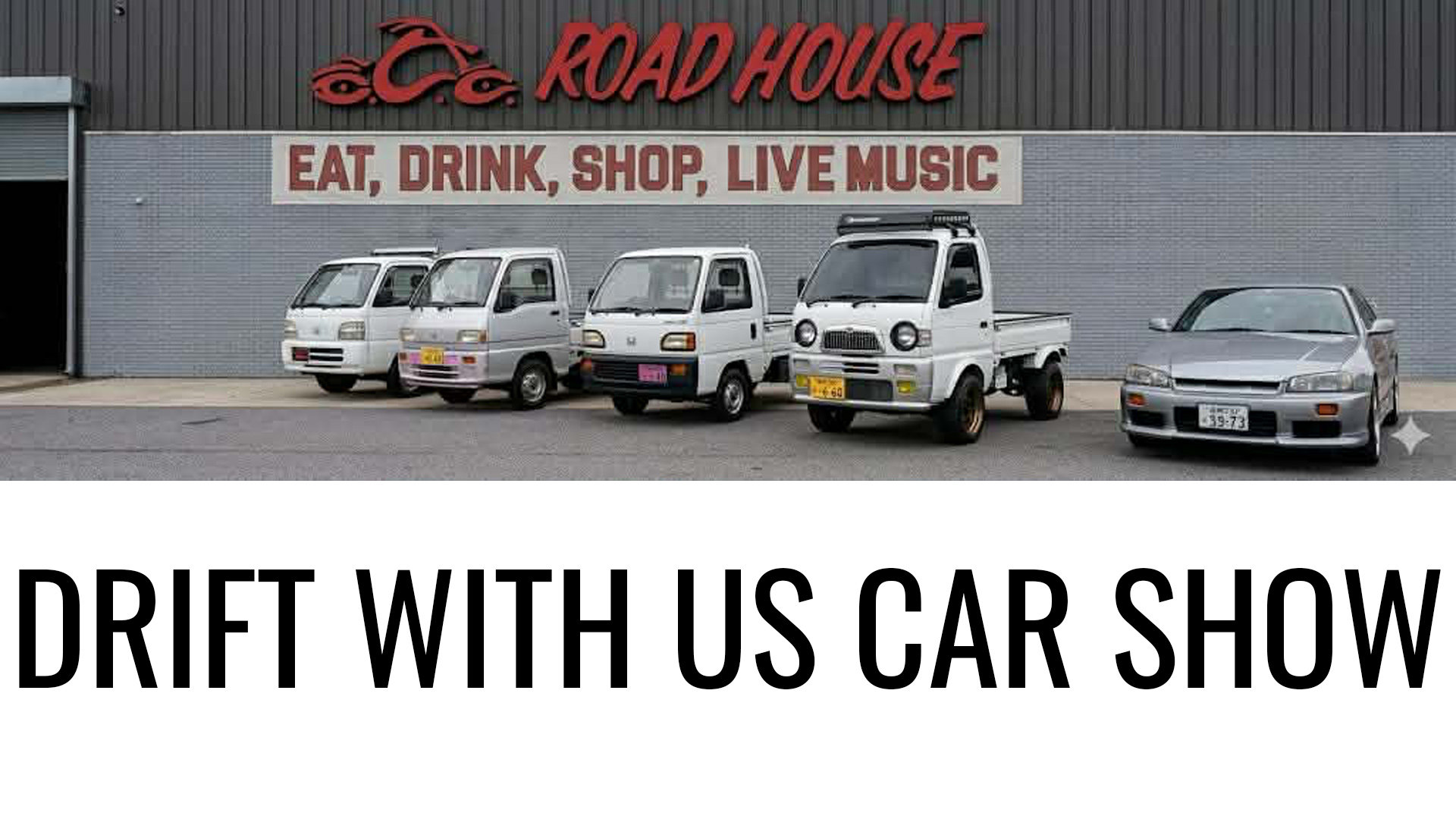 Five cars, including mini trucks and a silver sports car, are parked in front of a building labeled 