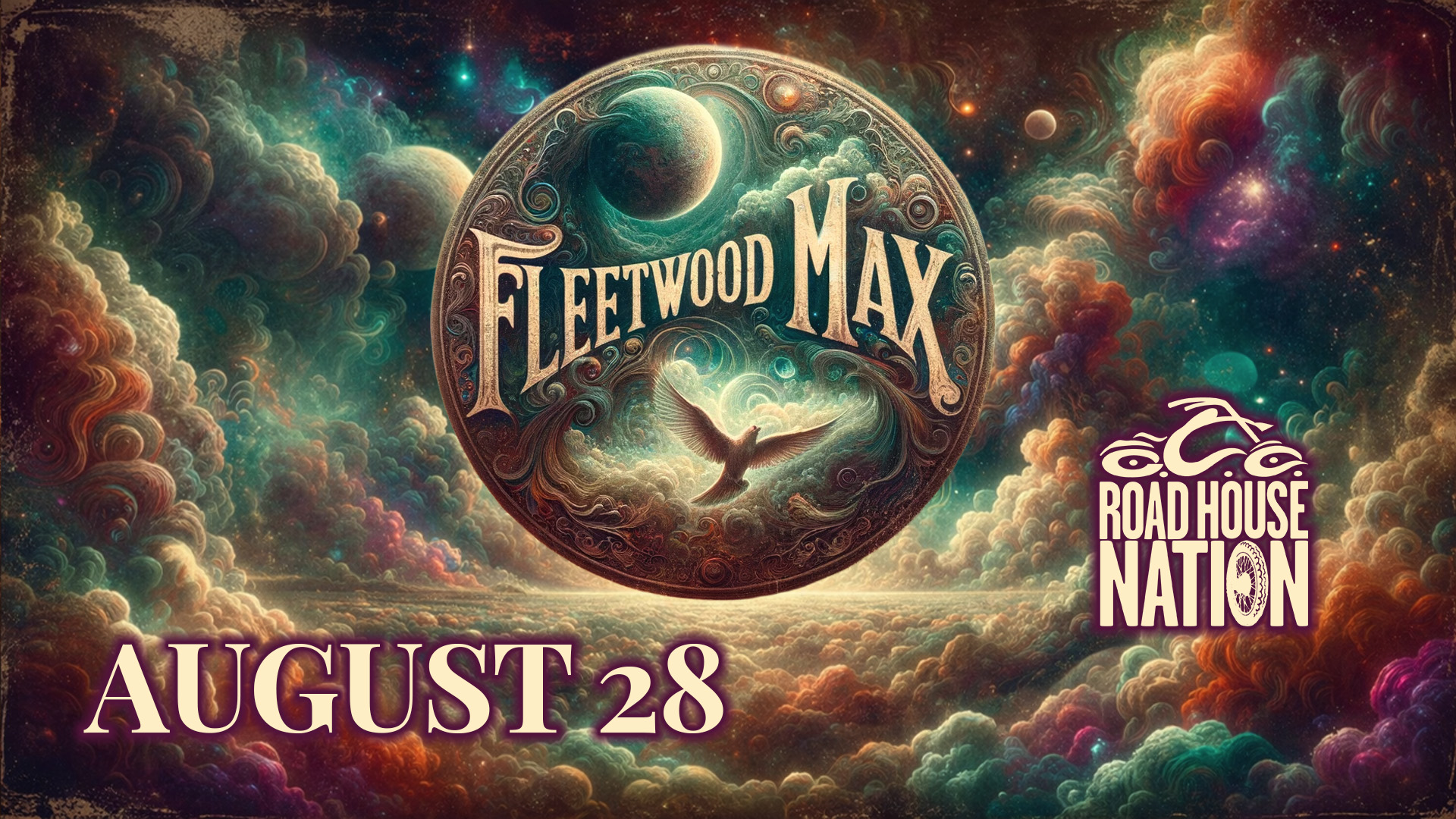 Psychedelic art featuring a large circular logo for 