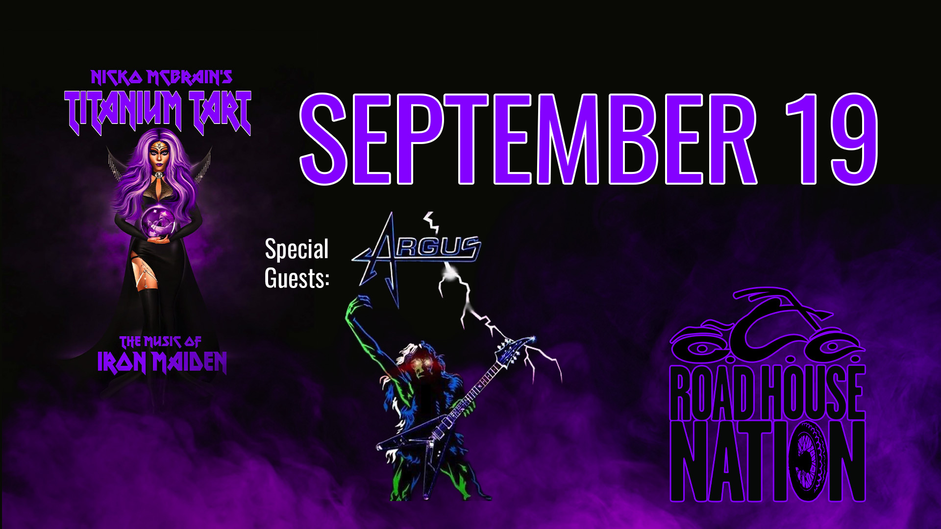 Promotional poster for a concert on September 19, featuring Nikka Kravina's Titanium Heart, Argus as special guests, and Road House Nation, with purple smoke and gothic graphics.