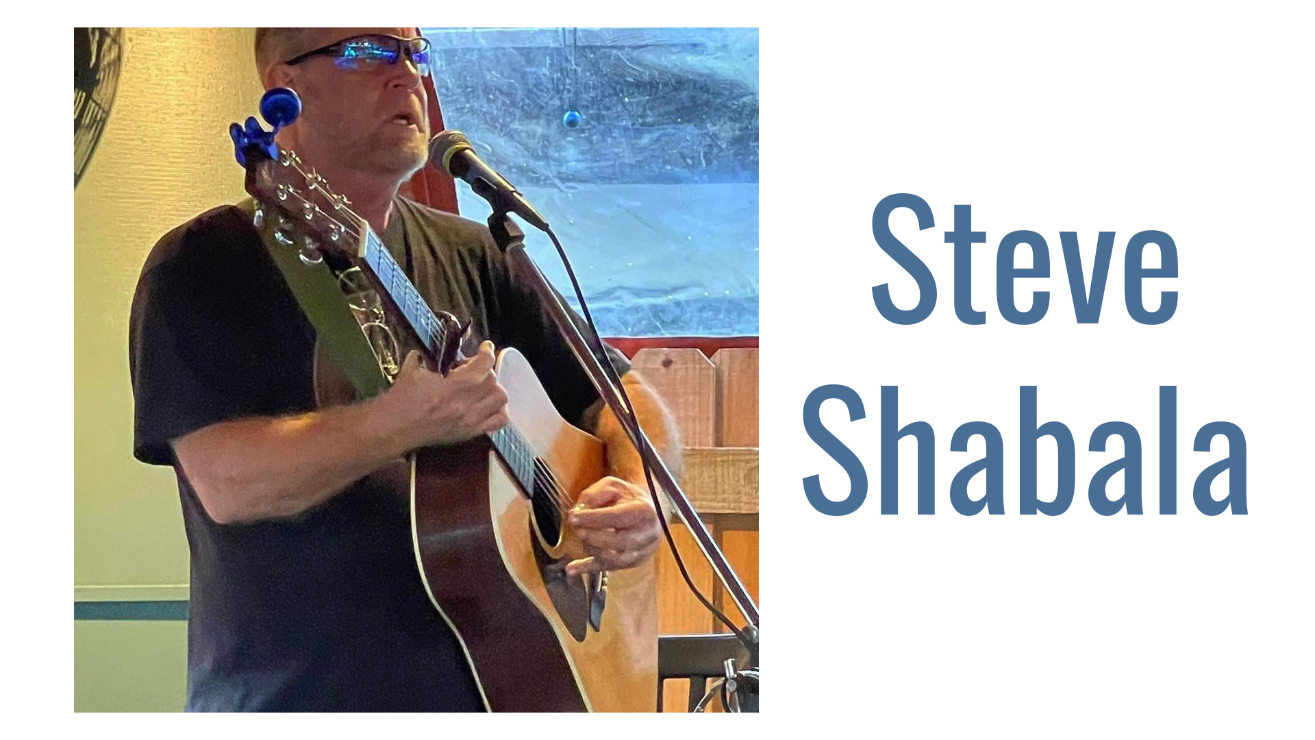 A man wearing sunglasses and a hat plays an acoustic guitar and sings into a microphone; text on the right reads 