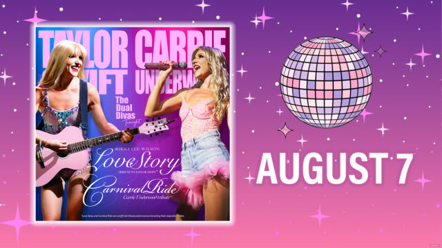 A promotional graphic featuring images of Taylor Swift and Carrie Underwood impersonators, event details, a disco ball, and the date August 7 on a pink and purple gradient background.
