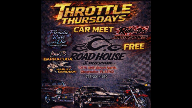 Event poster for Throttle Thursdays car meet at Bert’s Barracuda Harley-Davidson, Clearwater, FL; features cars, motorcycles, and sponsor logos. Free entry.