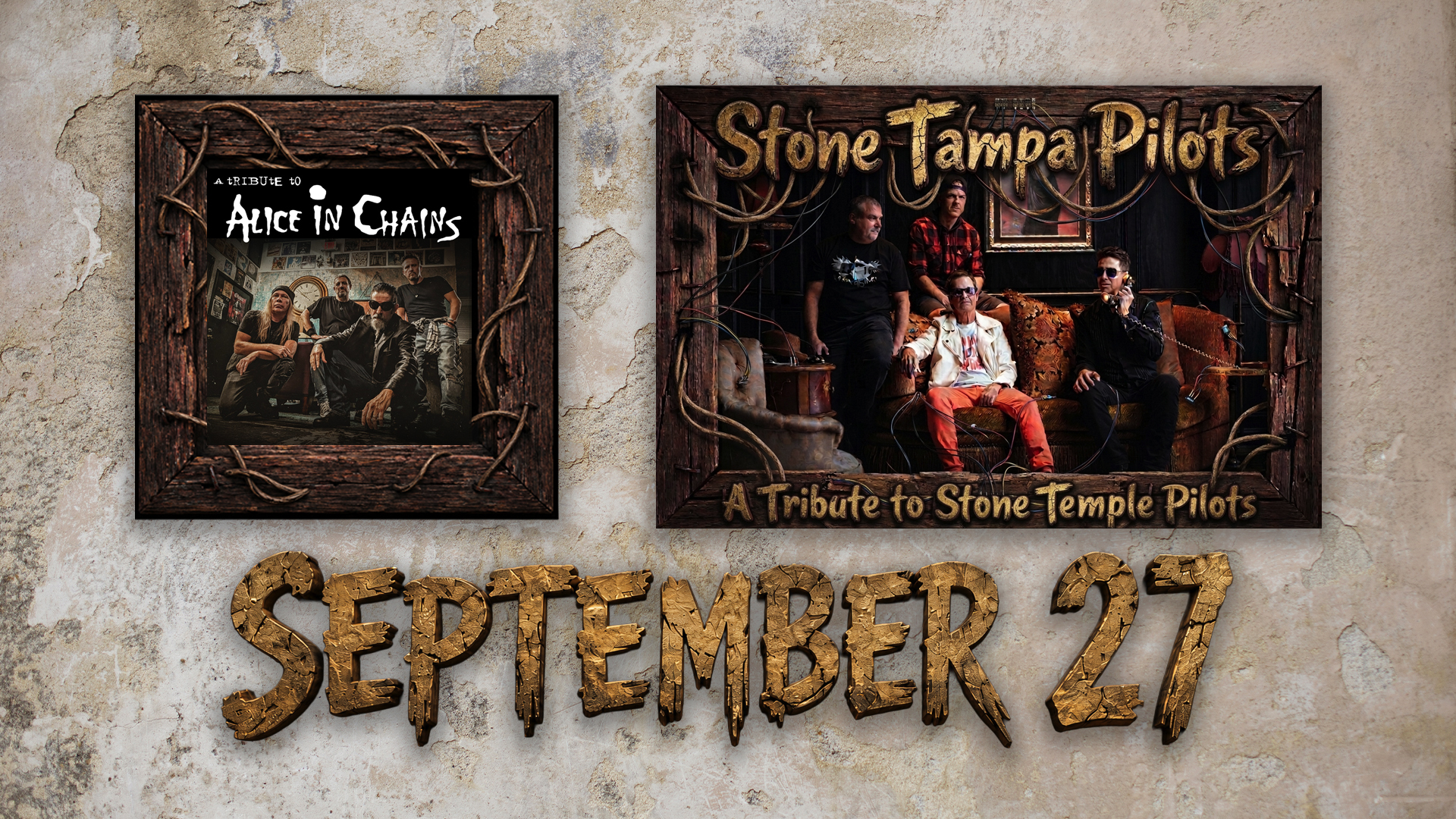 Two framed posters for tribute bands to Alice in Chains and Stone Temple Pilots on a textured wall, with 