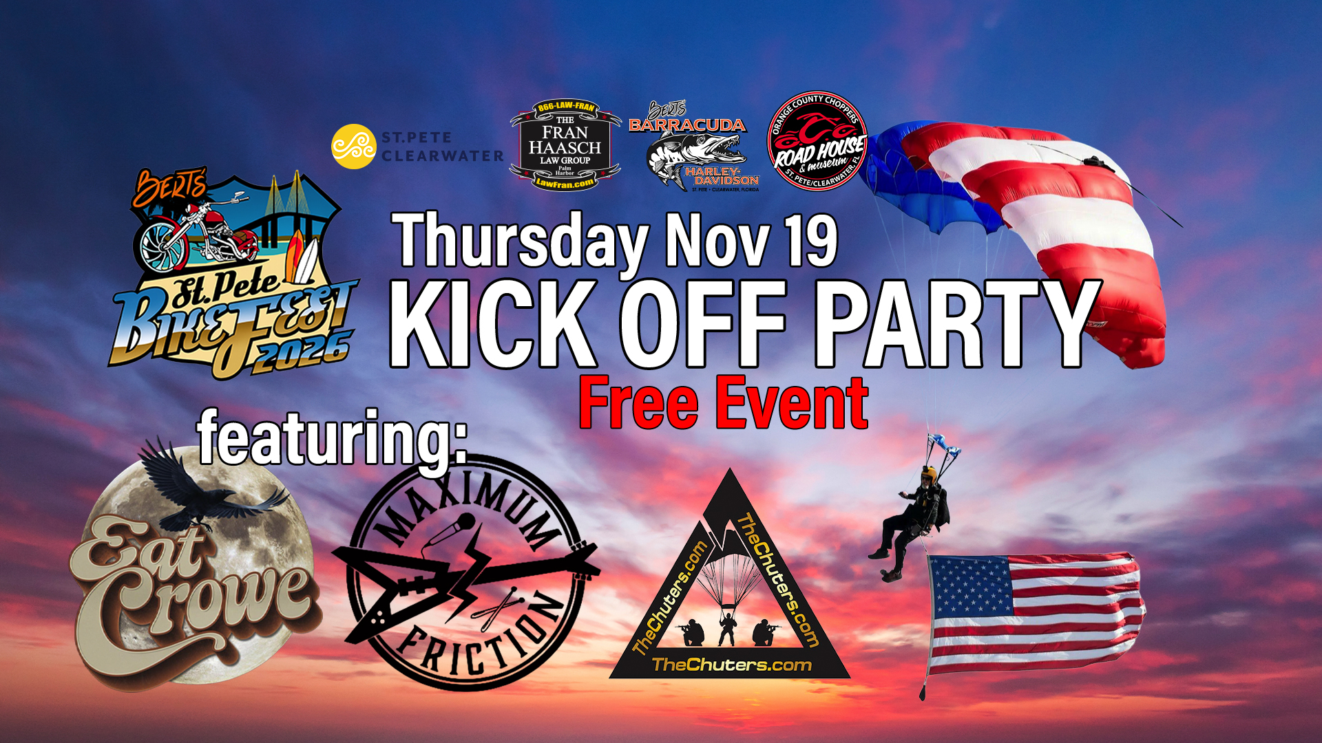 Promotional graphic for St. Pete BikeFest 2025 Kick Off Party, featuring bands and parachute jumpers with an American flag; event on Thursday, Nov 19, labeled as a free event.