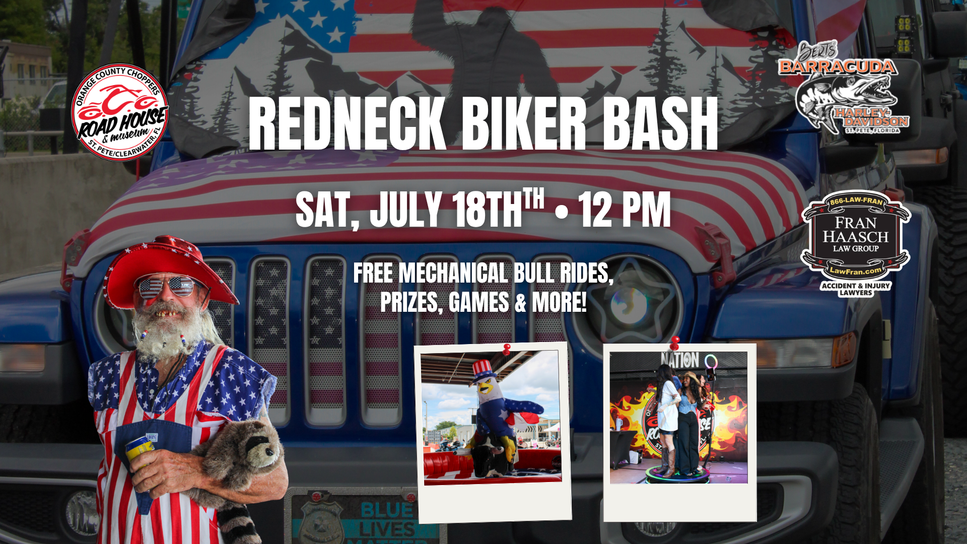 Man in patriotic attire holds dog in front of a Jeep with American flag design. Event text promotes 