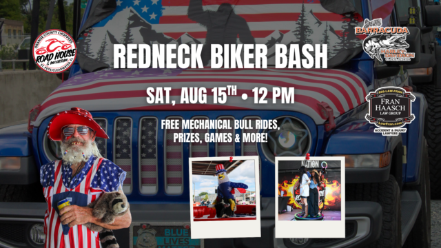Man in patriotic outfit stands in front of an American flag Jeep. Event details for 