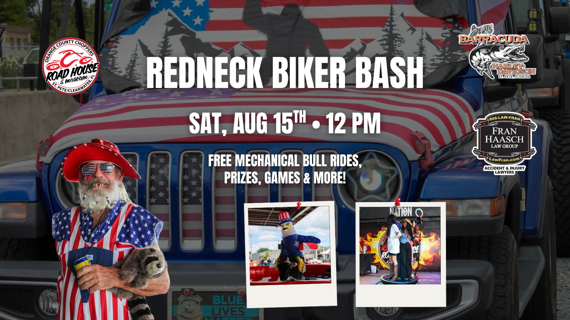 Man in patriotic outfit stands in front of an American flag Jeep. Event details for 