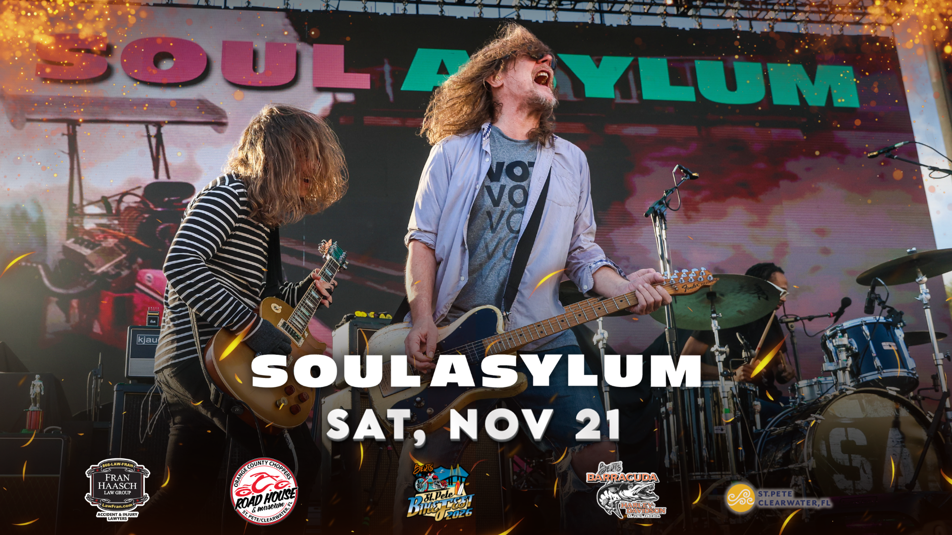 Soul Asylum performing live on an outdoor stage with guitars, energetic lighting effects, and event details displayed in bold text.